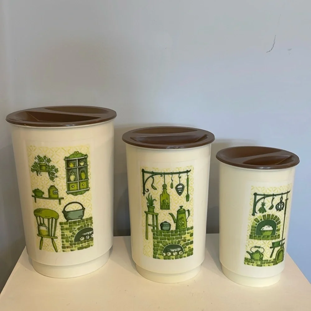 Retro canisters set of 3 nesting off white /brown & green
